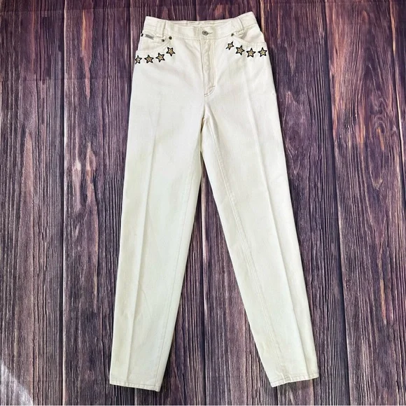 Vintage Escada by Margaretha Ley Cream Jeans w/ Nautical & Star Embroidery - Picture 3 of 11